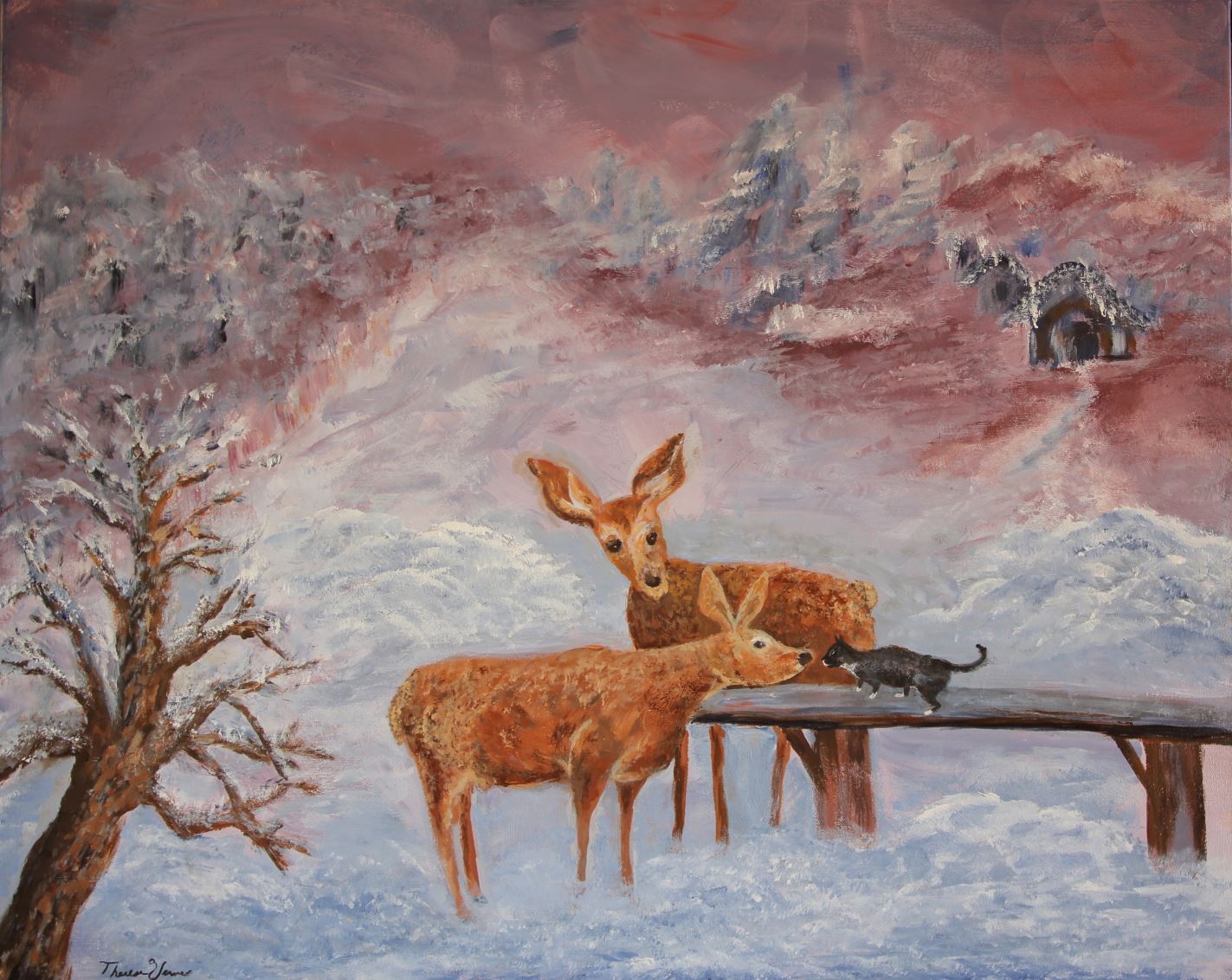 painting of a mother and baby deer